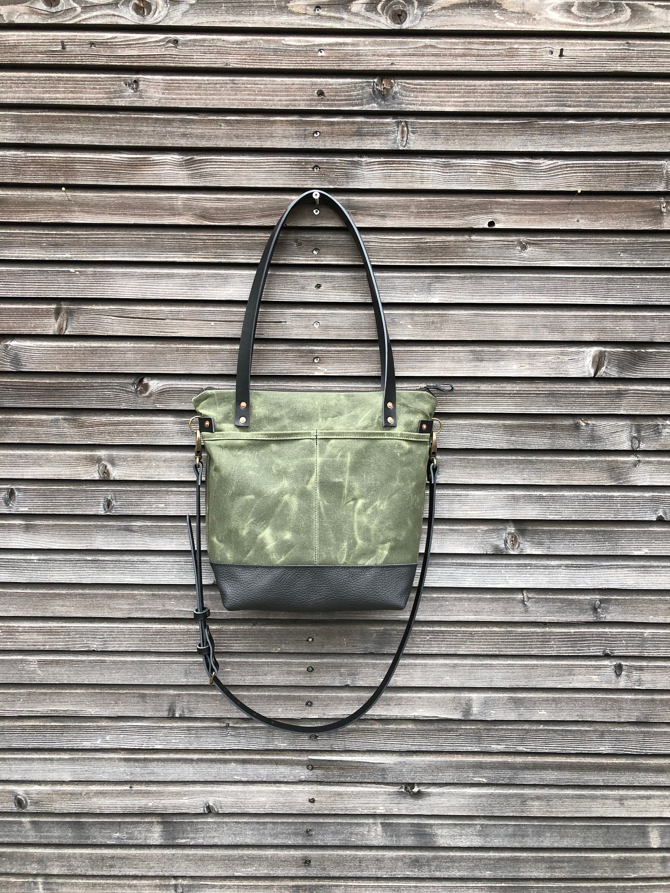 オリーブグリーンのワックスキャンバストートバッグ：ジッパー付き