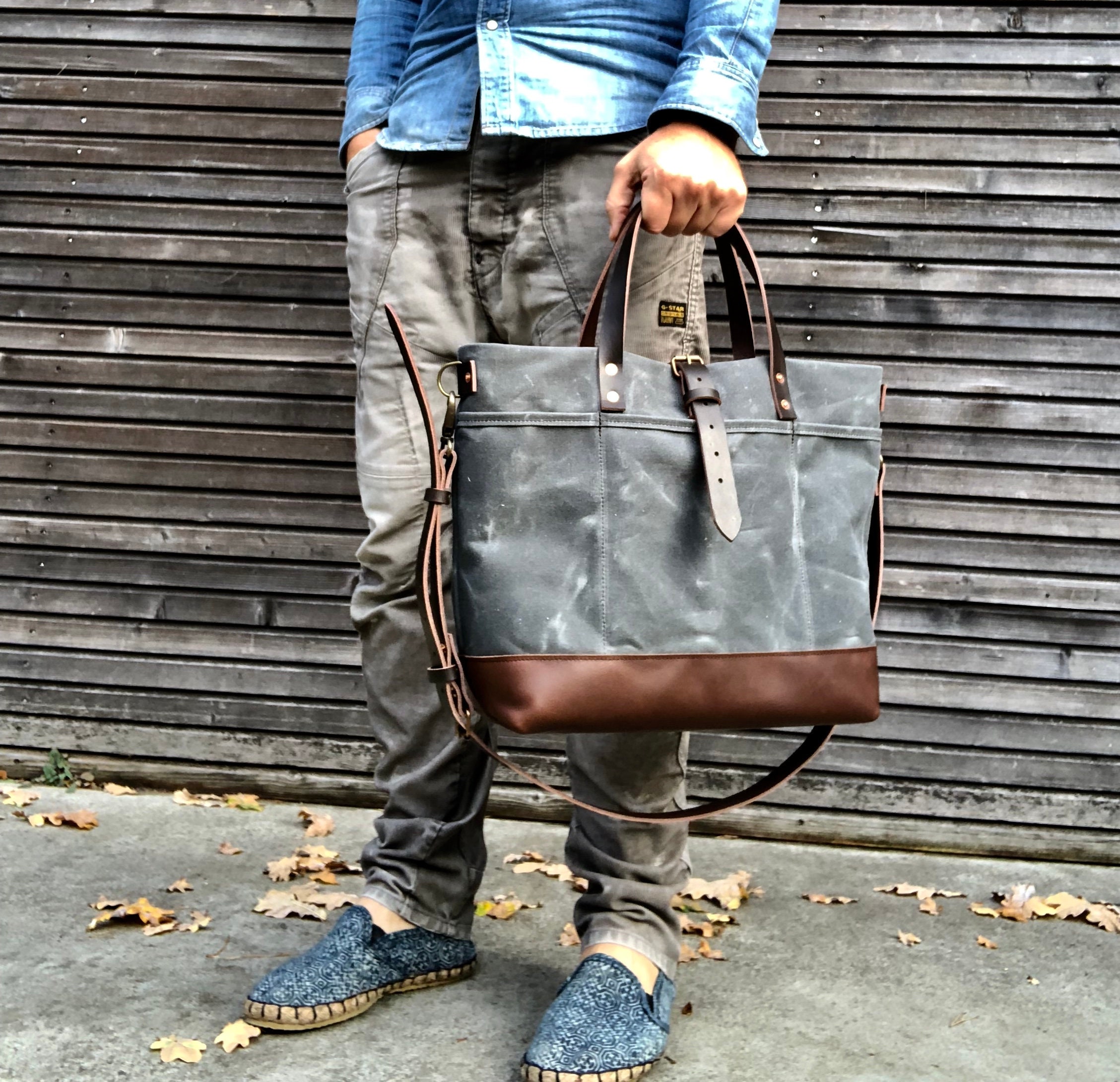 Tote Bag in Waxed Canvas With Leather Bottom and Cross Body - Etsy