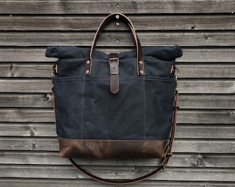 Waxed Canvas Roll Top Tote Bag, Leather Handles & Luggage Strap