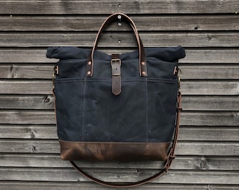 Waxed canvas roll top tote bag / office bag with luggage handle attachment leather handles and shoulder strap