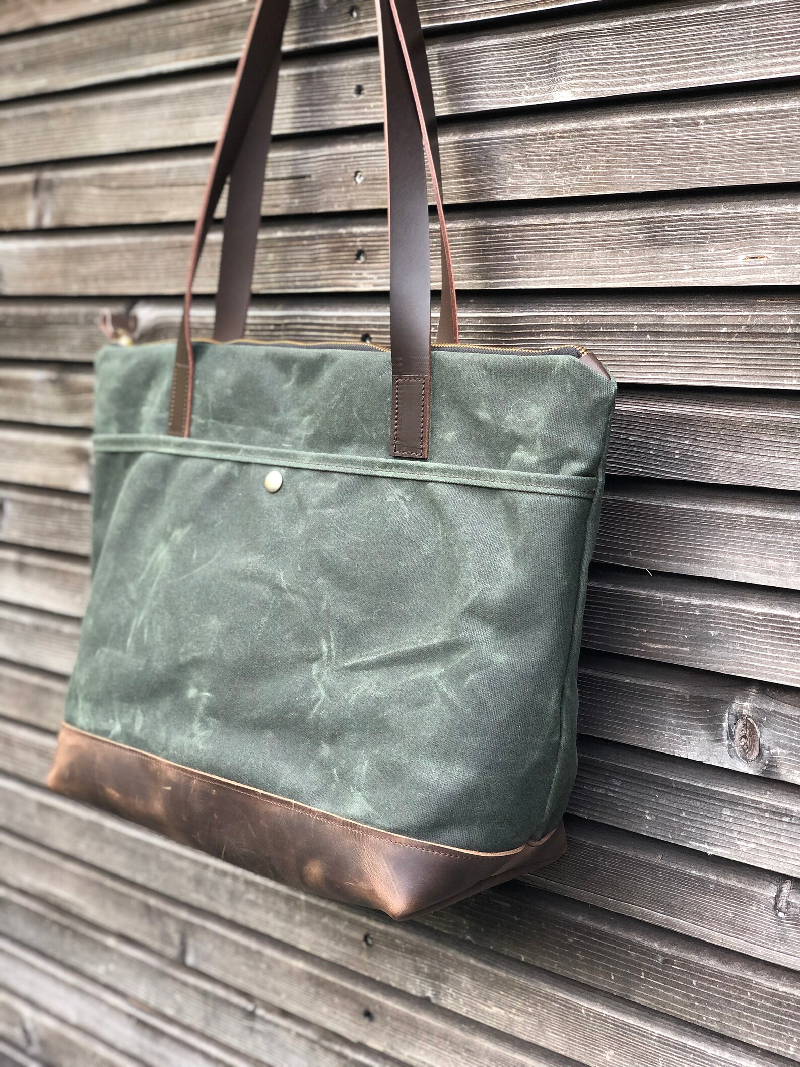 Large Waxed Canvas Tote Bag With Leather Handles and Bottom / - Etsy