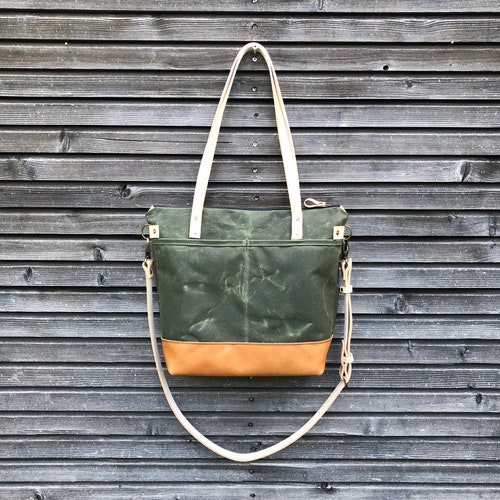 Waxed Canvas Tote With Leather Handles and Detachable Leather - Etsy