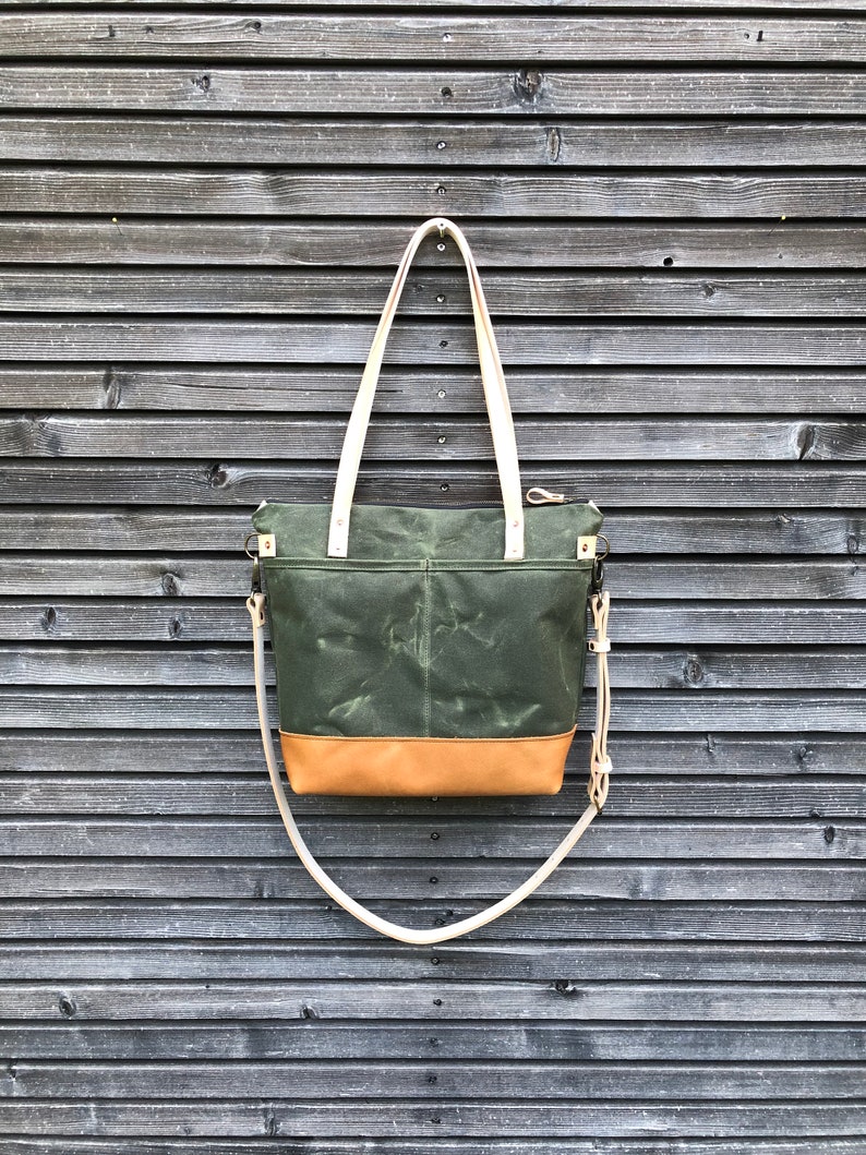 Olive Green Waxed Canvas Tote Bag / Office Bag With Leather - Etsy