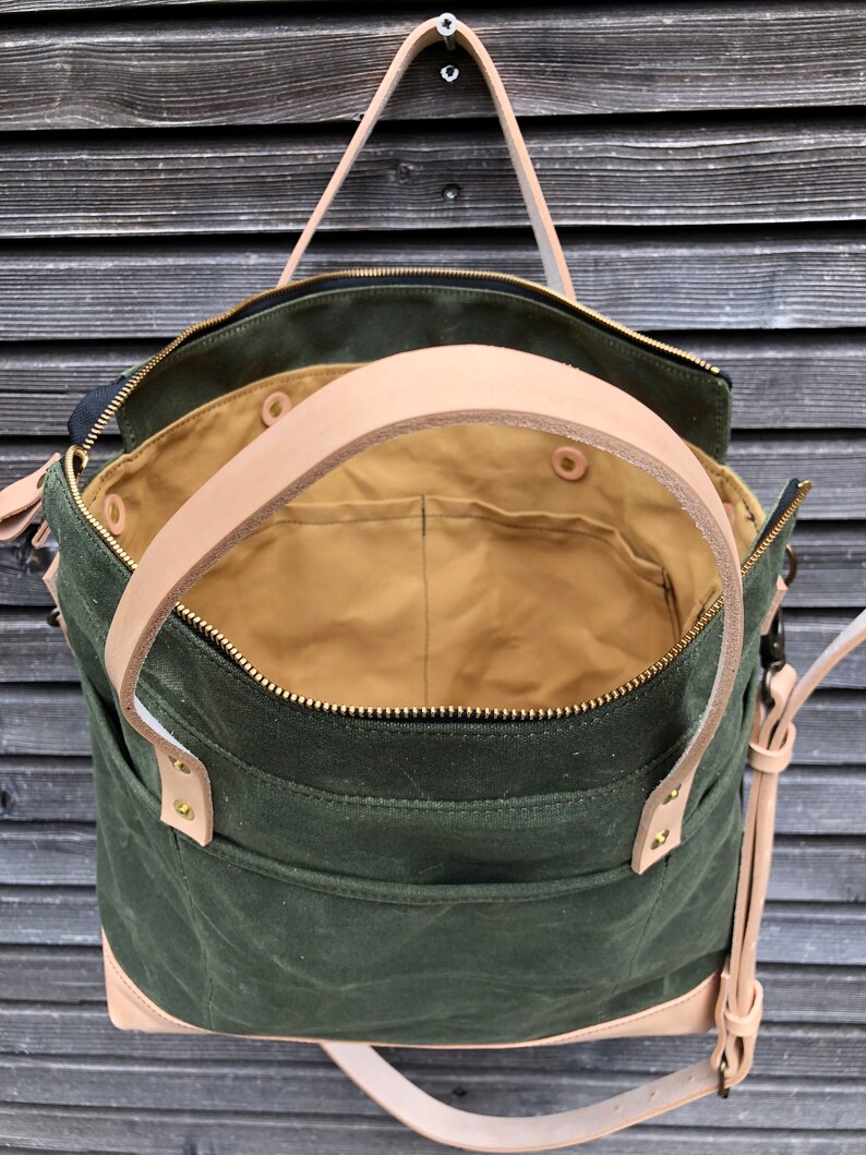 Olive Green Waxed Canvas Tote Bag / Office Bag With Luggage - Etsy