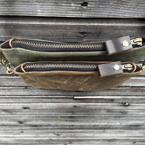 Waxed canvas day bag / small messenger bag/ kangaroo bag with waxed leather shoulder strap image 5