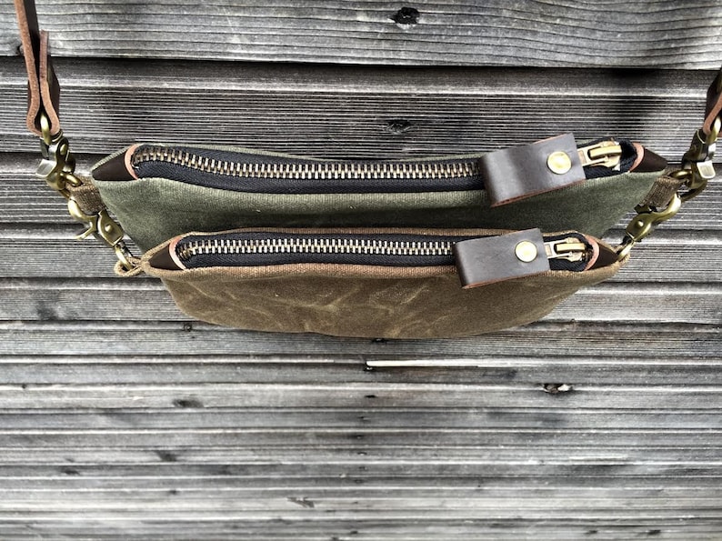 Waxed canvas day bag / small messenger bag/ kangaroo bag with waxed leather shoulder strap image 5