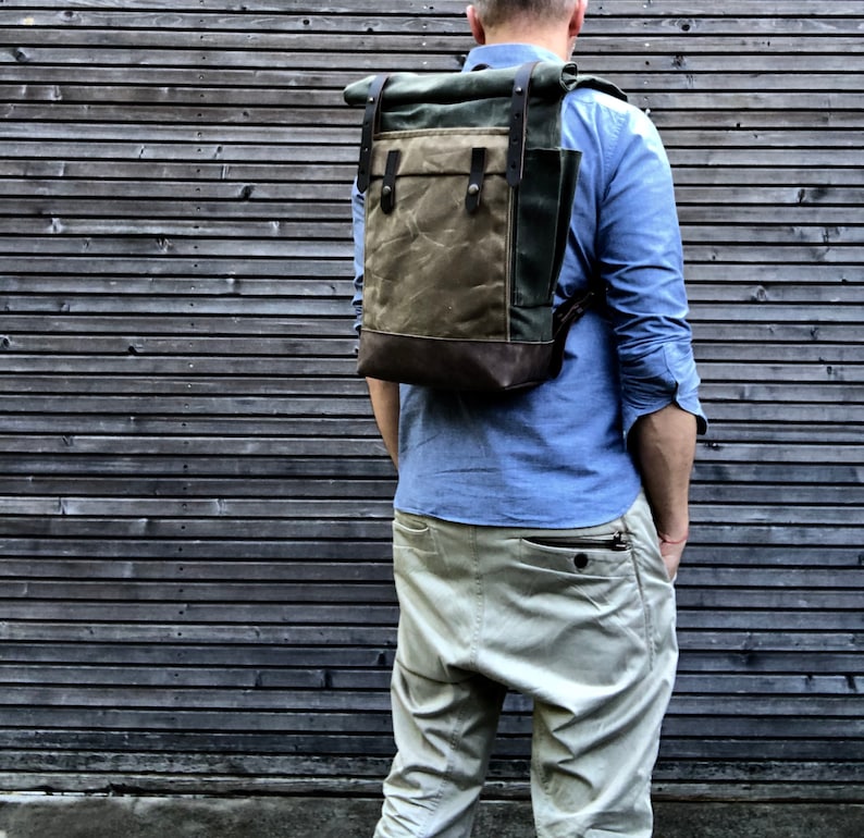 Green waxed canvas leather Backpack medium size Commuter backpack Hipster Backpack with roll top and leather bottom