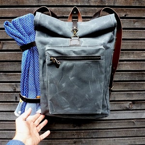 Waxed canvas backpack with roll to close top and vegetable tanned leather shoulderstraps image 2