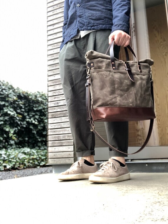 Waxed Canvas Roll Top Tote Bag / Office 