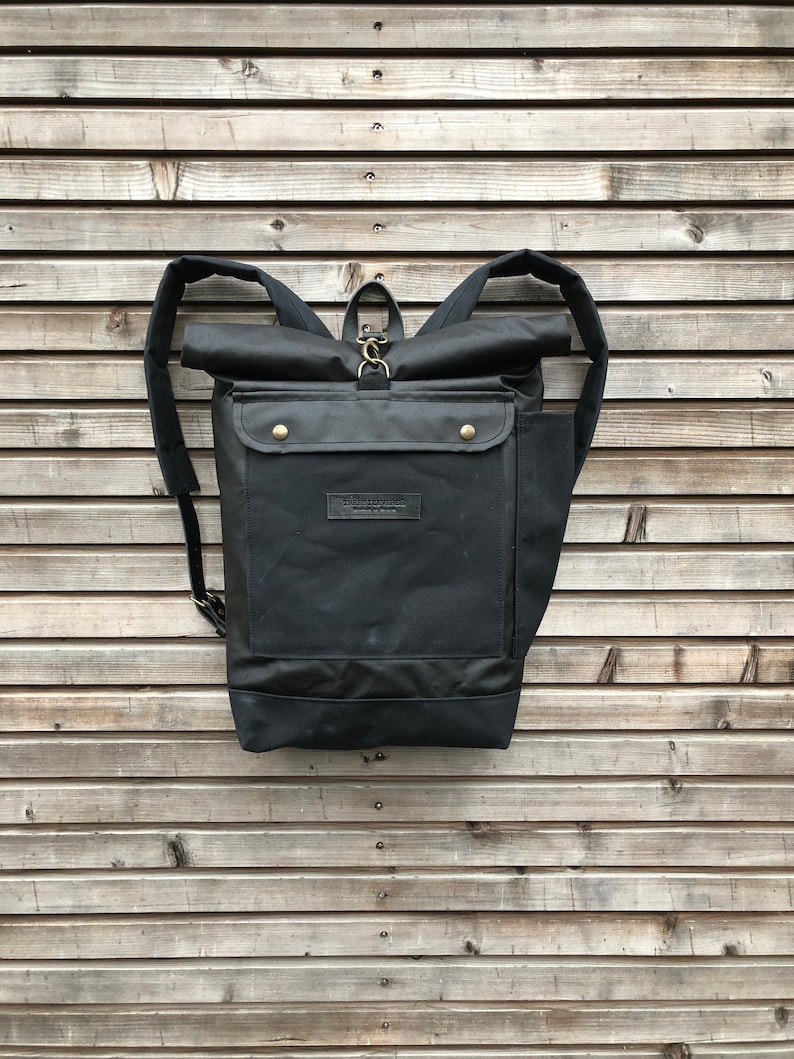 Black waxed canvas rucksack / waterproof backpack with roll up Etsy