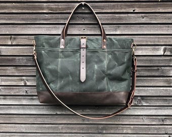 XL Forest Green Waxed Canvas Tote Bag with Leather Handles
