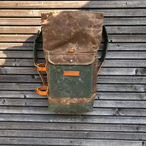 Waterproof waxed canvas backpack with detachable leather side straps and padded laptop compartment / padded shoulder straps image 4