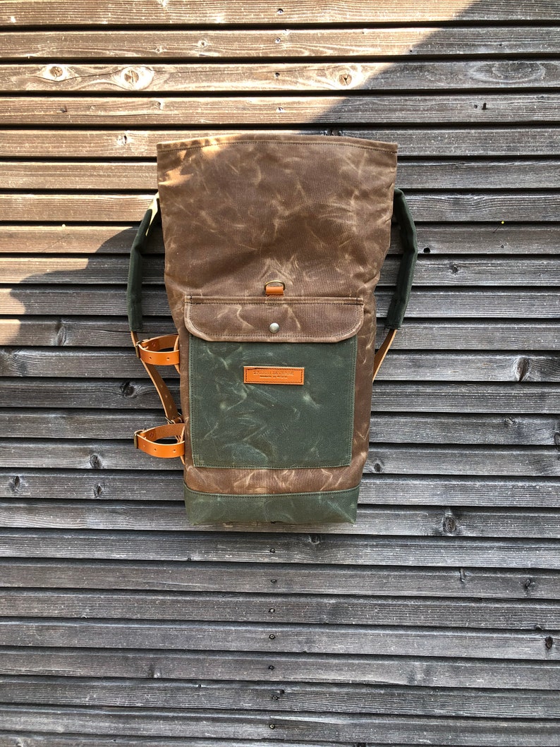 Waterproof waxed canvas backpack with detachable leather side straps and padded laptop compartment / padded shoulder straps image 4