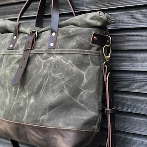 Waxed canvas roll top tote bag / office bag with luggage handle attachment leather handles and shoulder strap image 3