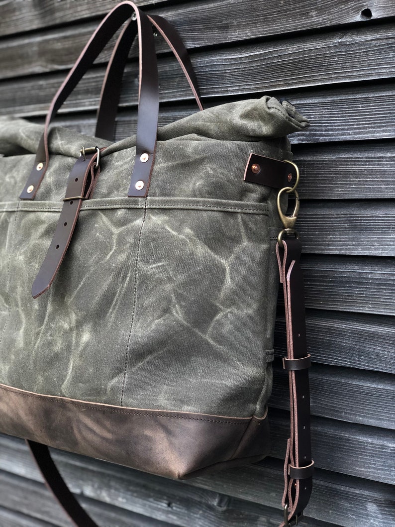 Waxed canvas roll top tote bag / office bag with luggage handle attachment leather handles and shoulder strap image 3