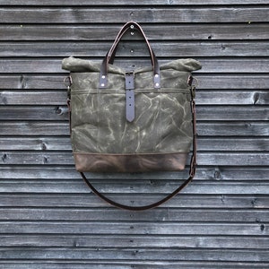 Waxed canvas roll top tote bag / office bag with luggage handle attachment leather handles and shoulder strap image 2
