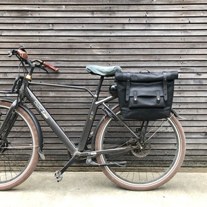 Black motorcycle bag in waxed canvas leather Motorbike bag Saddle bag Bicycle bag in waxed canvas and leather Bike accessories image 2