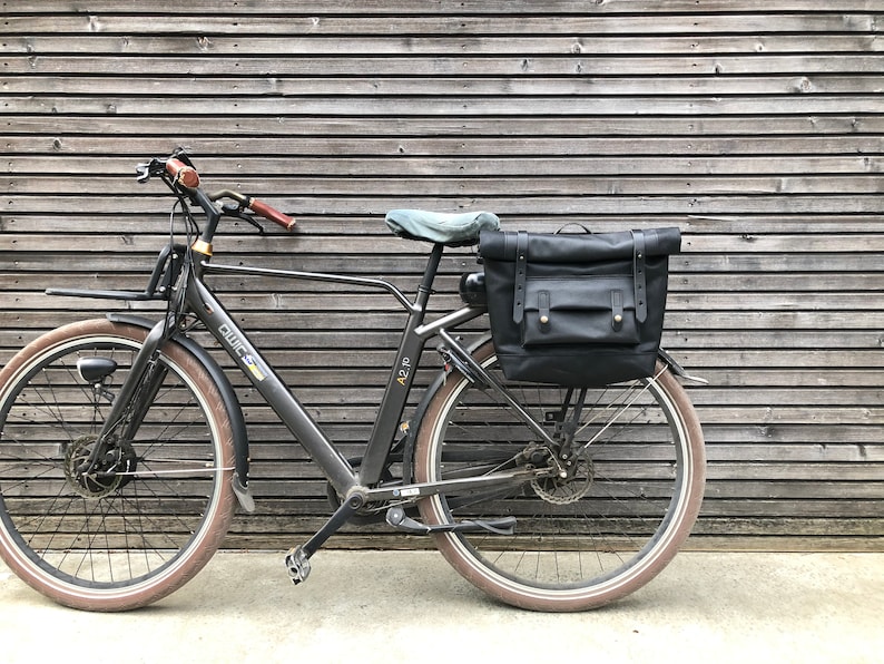 Black motorcycle bag in waxed canvas leather Motorbike bag Saddle bag Bicycle bag in waxed canvas and leather Bike accessories image 2