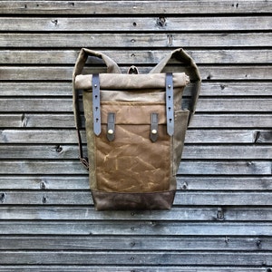 Waxed Canvas Roll Top Backpack: Leather Bottom, Laptop Compartment