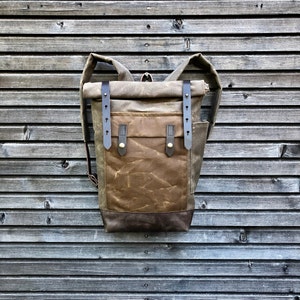 Cycle backpack  waxed canvas leather in medium size / Hipster Backpack with roll top and leather bottom