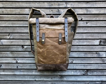 Cycle backpack  waxed canvas leather in medium size / Hipster Backpack with roll top and leather bottom