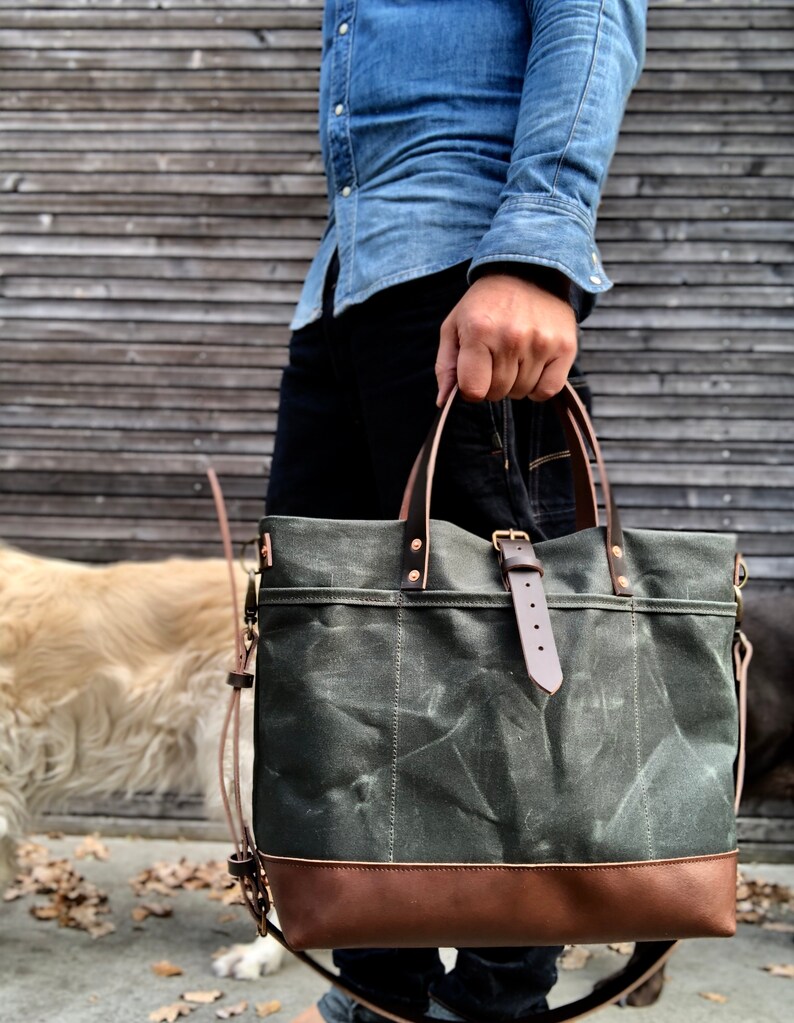 Waxed canvas tote bag with leather handles and shoulder strap | Etsy