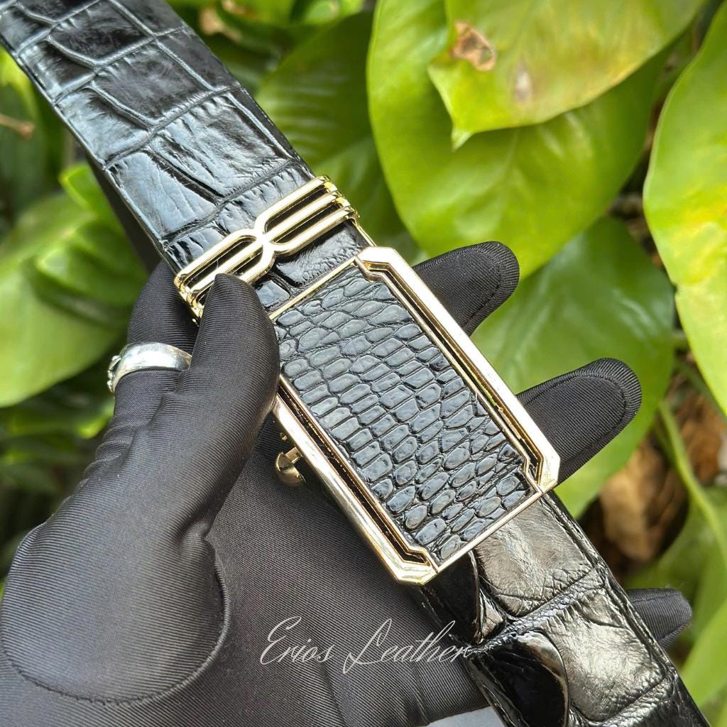 Black Croc-Embossed Leather Belt with Decorative Silver leaf Otera Leather Belt in Black Croc Embossed | L main image 3