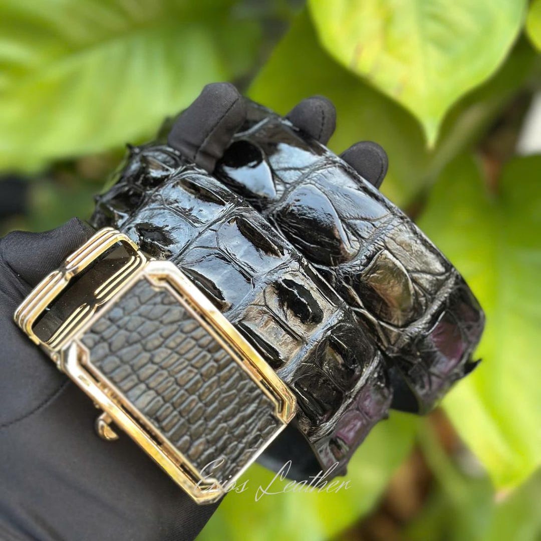 Black Croc-Embossed Leather Belt with Decorative Silver leaf Otera Leather Belt in Black Croc Embossed | L main image 2