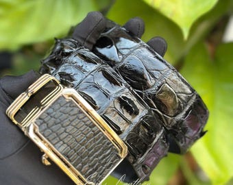 Black Crocodile Embossed Leather Belt: Handmade Silver Color  display picture 1