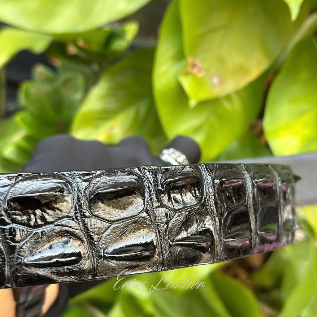 Black Crocodile Embossed Leather Belt: Handmade Silver Color  display picture 1
