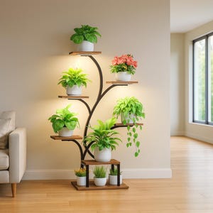 May include: A multi-tiered plant stand with a dark metal frame and wooden shelves. The stand displays various potted plants, including green leafy plants and flowering plants. The stand is illuminated by built-in lights, creating a warm ambiance.