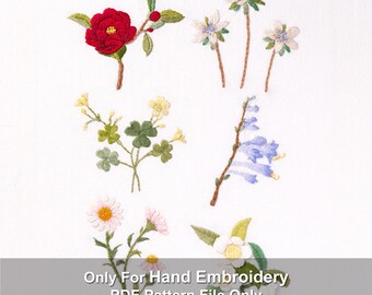 Borduurpatroon rode camelia en wilde bloemen. Pdf, steekgids, eenvoudig afdrukbaar Koreaans bloemdessin