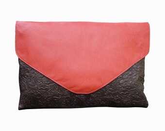 Envelope clutch - orange - persimmon leather - Embossed Leather - Brown Envelope Clutch Bag - Color-block Salmon & Brown - Medium bag