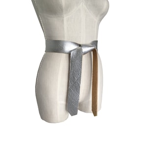 Silver Leather tie belt - Raw edge leather belt -Light Coat belt -Jacket belt - Shiny belt - Dress belt - Metallic leather belt - 1 3/4&quot;