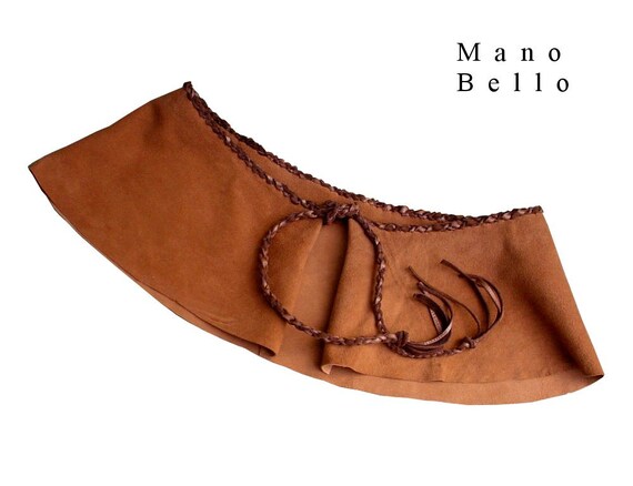 Mocha Suede Peplum Belt with Braided Leather Rope Belt Tie Leather Capelet Cape Tan medium