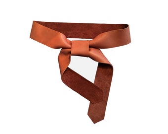 Goatskin Leather Tie on belt.  Cognac. Tobacco tan.  Raw edge.  Strap Sash. Light coat belt.  Basic Collection Goatskin. Seamless