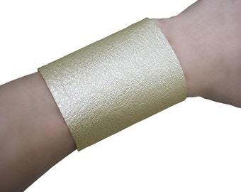 Minimalist Wide Leather Cuff, Pale Gold,, Tattoo cover, small wrist cuff, Raw edge cowhide, metallic leather, Non Metal Jewelry, no hardware