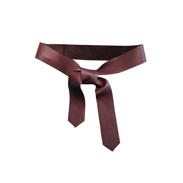 Soft Leather Tie Belt in Oxblood Burgundy Raw Edge Seamless Cowhide 28 waist