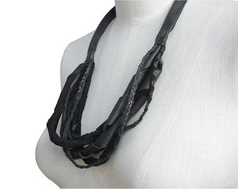 Layered Black Leather Strap Necklace, Braided & Twisted Laced Strap Necklace, Artisan leather necklace