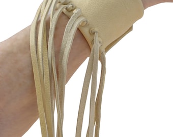 Women Leather Fringe Cuff, Tribal Festival Jewelry, Buckskin, cream, 5.5 - 5.75" wrist