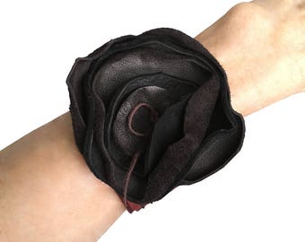 Leather Flower Cuff - Applique leather - Burgundy & Black bracelet - Rustic leather flower - non metal