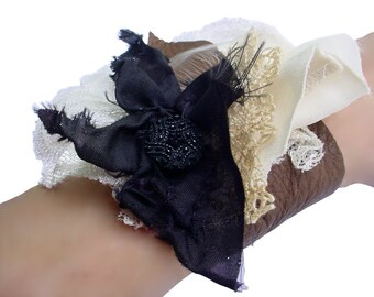 Brown Lace & Leather Wrist Corsage - Repurposed Lace Cuff - Leather and Lace Cuff - Vintage Flower Cuff Bracelet - Victorian style Black