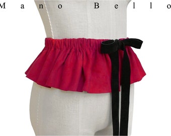 Leather Peplum Belt, Red Leather Ruffle Belt,  Womens Suede skirt belt, Lambskin Tie on Ruffle, Statement Belt, Leather Stage fashion S M