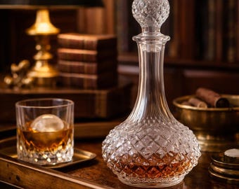 Vintage diamond cut glass decanter with stopper, bar cart decor, father's day gift