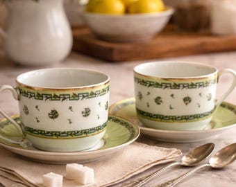 Limoges Tea Cup and Saucer Set: Green Gold Vine, Fine French Porcelain