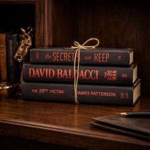 Black book stack with red lettering, gothic shelf and office decor image 1
