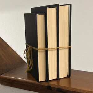May include: Three hardcover books with black covers and cream-colored pages are tied together with twine. The books are displayed on a dark wooden shelf against a white wall. The spines of the books are facing outward.