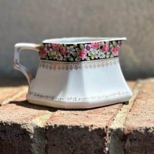 Antique German Porcelain Creamer with Gold Trim and Pink Floral Band – Octagonal Vintage Cream Pitcher