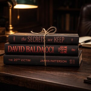 Black book stack with red lettering, gothic shelf and office decor image 3