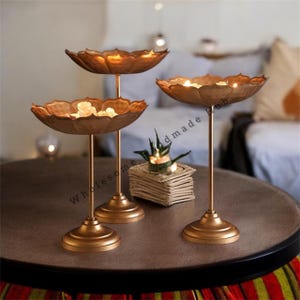 Hammered Metal Urli Bowl Set with Stands: Diwali Wedding Decor
